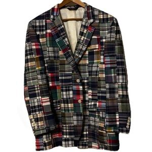 Jos.A.Bank 44L Multicolor Patchwork Cotton Madras Plaid Blazer. Cream Lined EUC